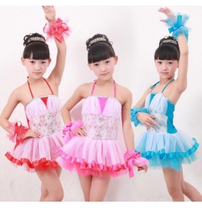 Red turquoise fuchsia hot pink sleeveless girls kids children kindergarten modern dance school play jazz dance outfits costumes 